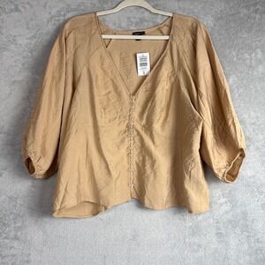 Torrid Ginger Root Rayon Button Front V Neck Blouse Tan Puff Sleeve Top M/L